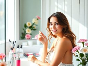 Vedetă aplicând produse de îngrijire a pielii.