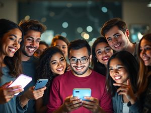 Oameni conectați digital, reflectând celebritatea online.