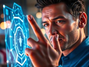 O celebritate interacționând cu tehnologia futuristă.