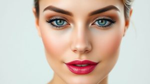 Femeie cu machiaj perfect, piele radiantă, ruj vibrant.